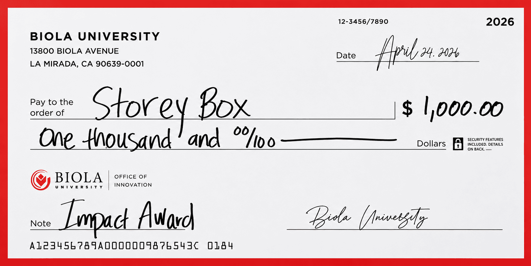Biola University Impact Award check for storeybox for contributing to positive change in the campus community